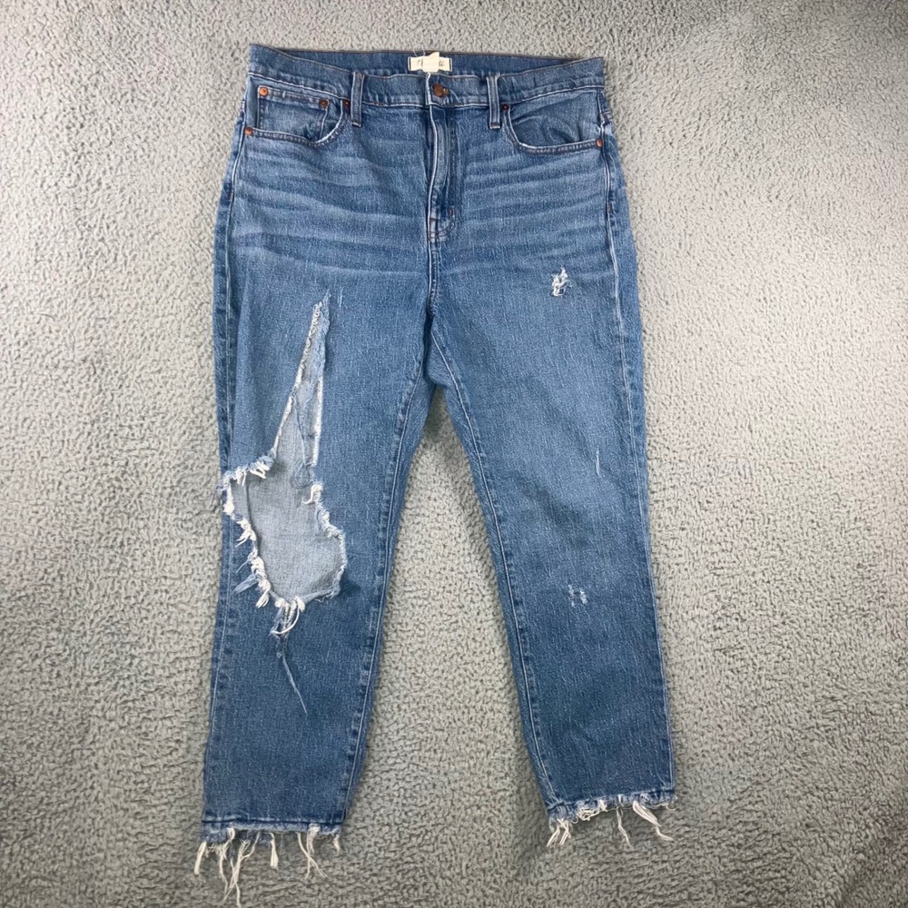 Madewell High Rise Slim Boyjean Women 32 Distressed Raw Hem Crop Medium Wash